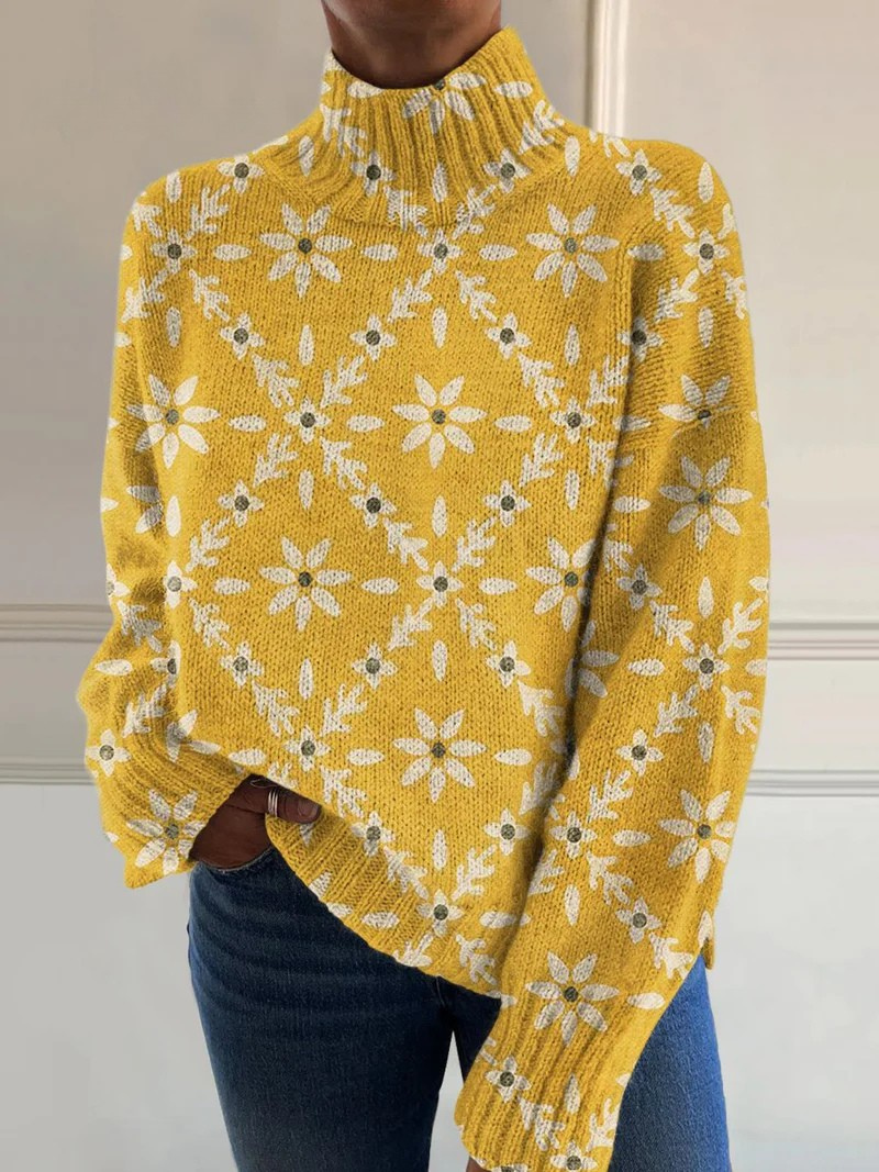Mira | Varm rollkravebluse med blomsterprint med kunstprint med farveblokke