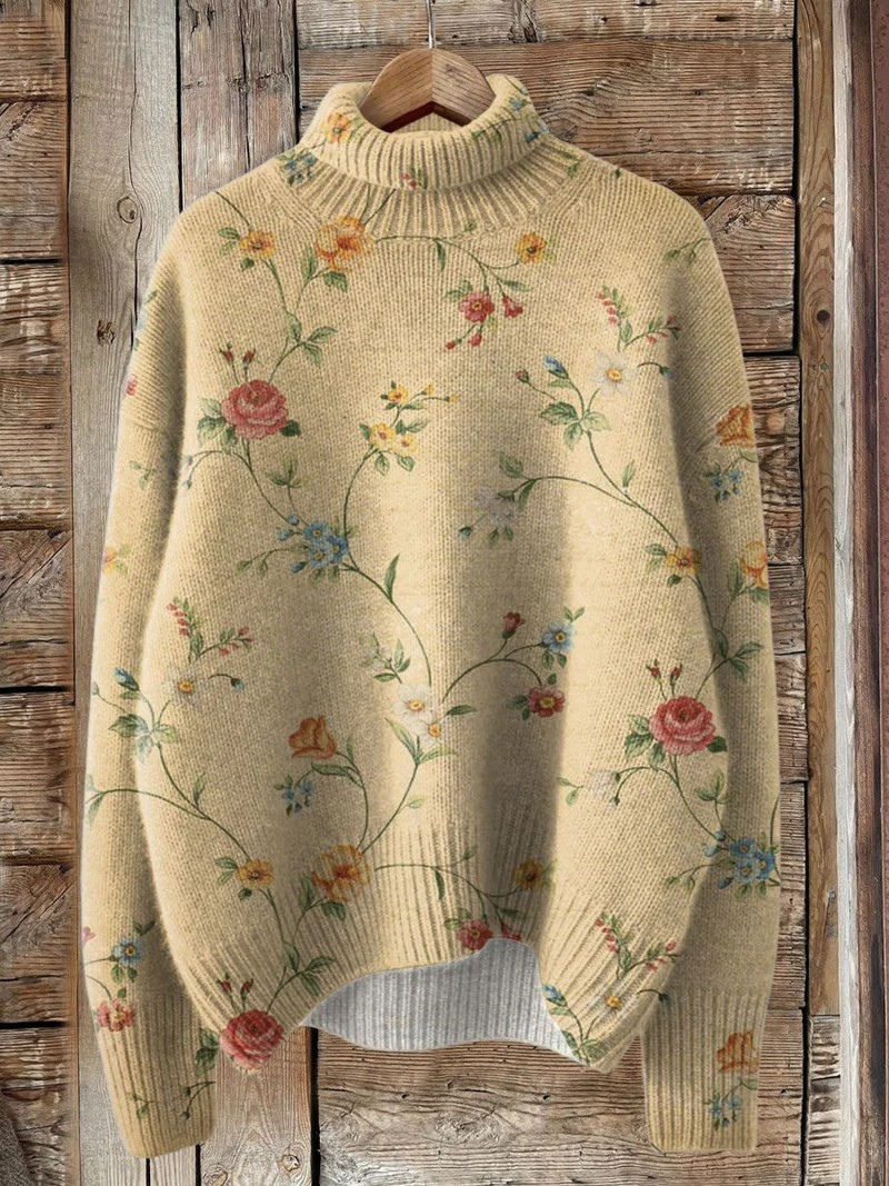 Line | Blød striktrøje med blomsterprint med kunstprint med vintage look