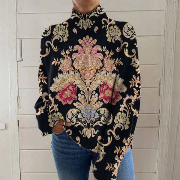Sofie | Blød striktrøje med blomsterprint med vintage look