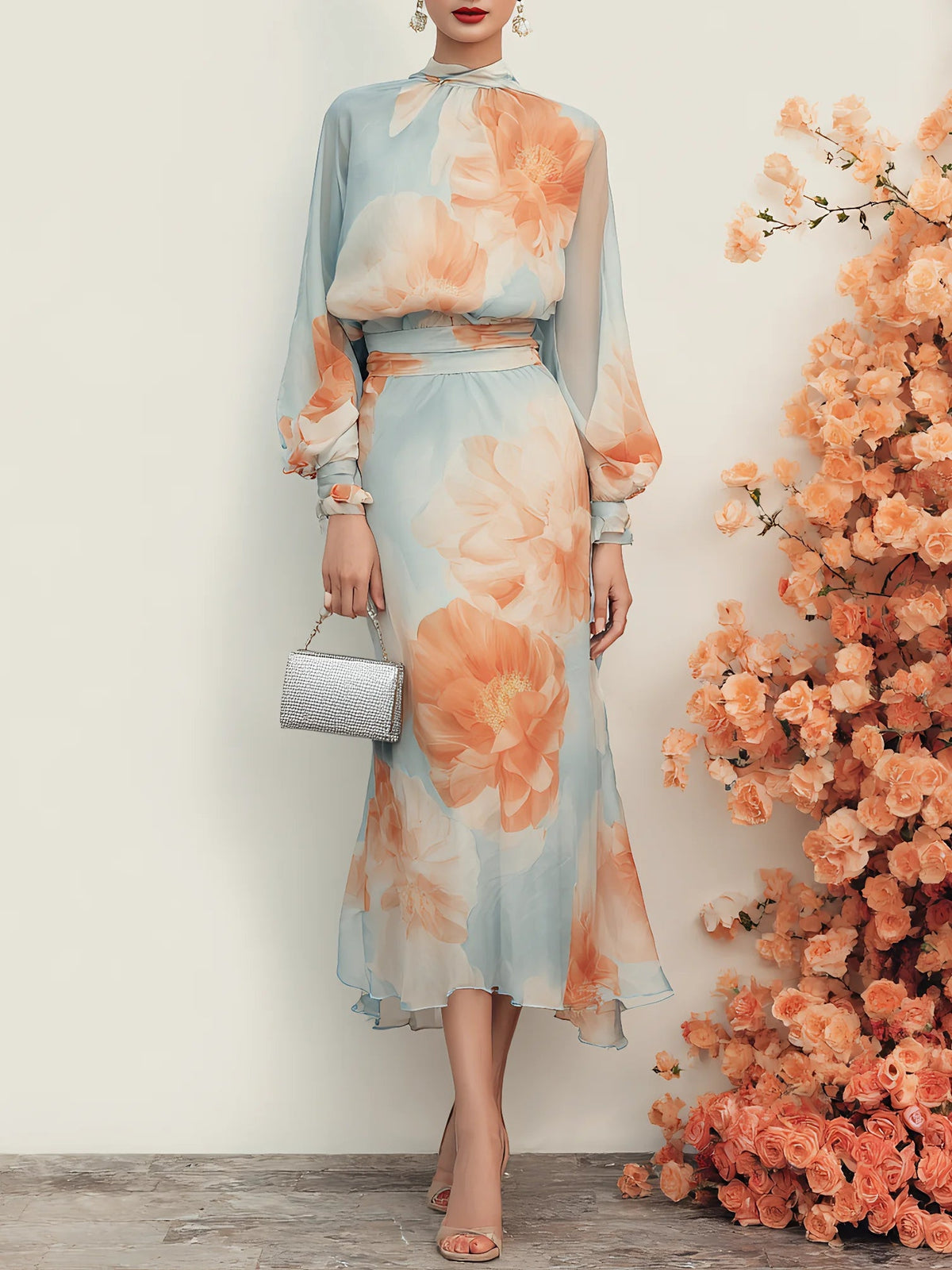 Grethe | Sæt med top og nederdel med blomsterprint med langærmet