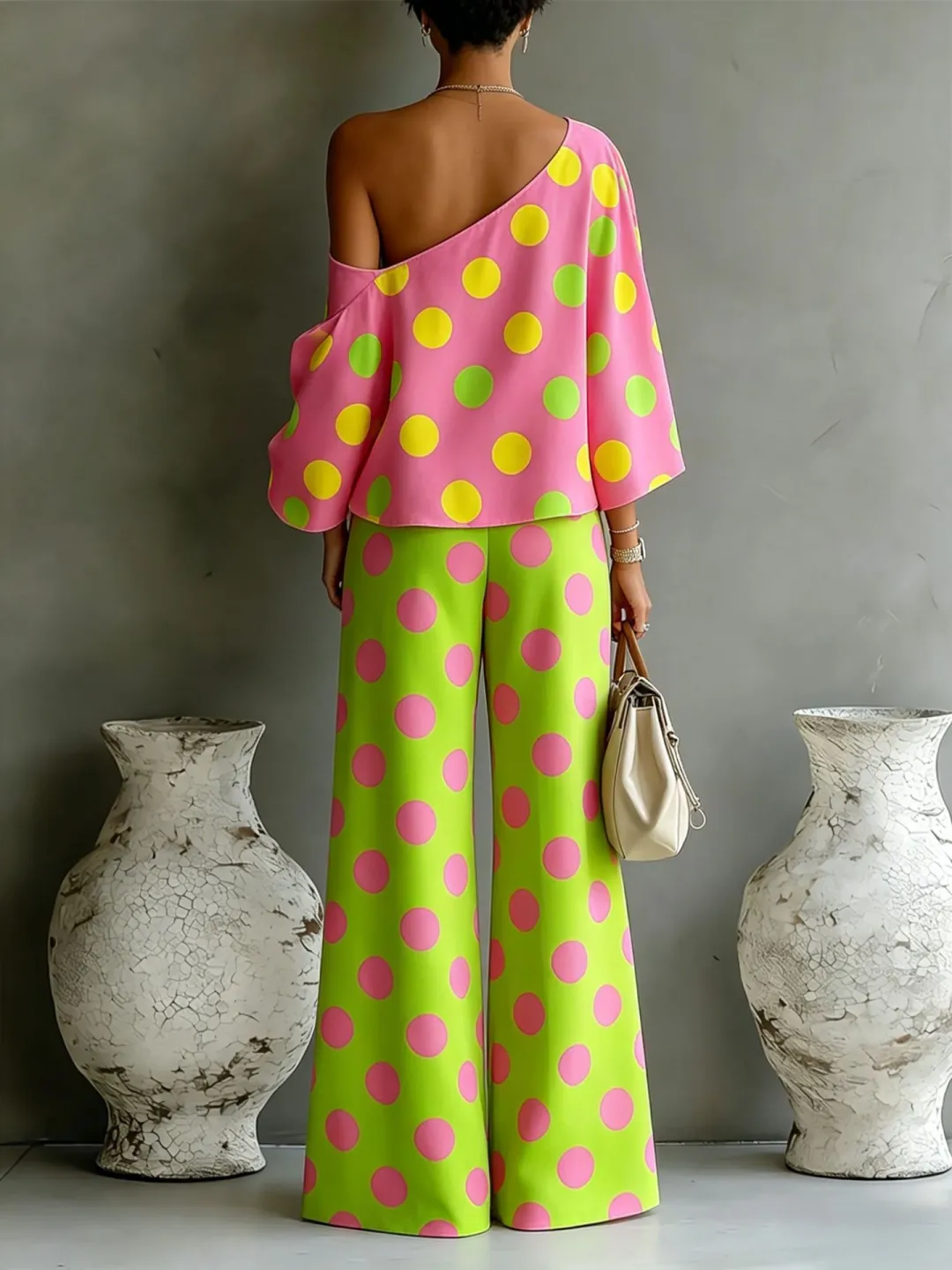 Rosa | Sæt med top og bukser med vide ben med prikket print med off-shoulder