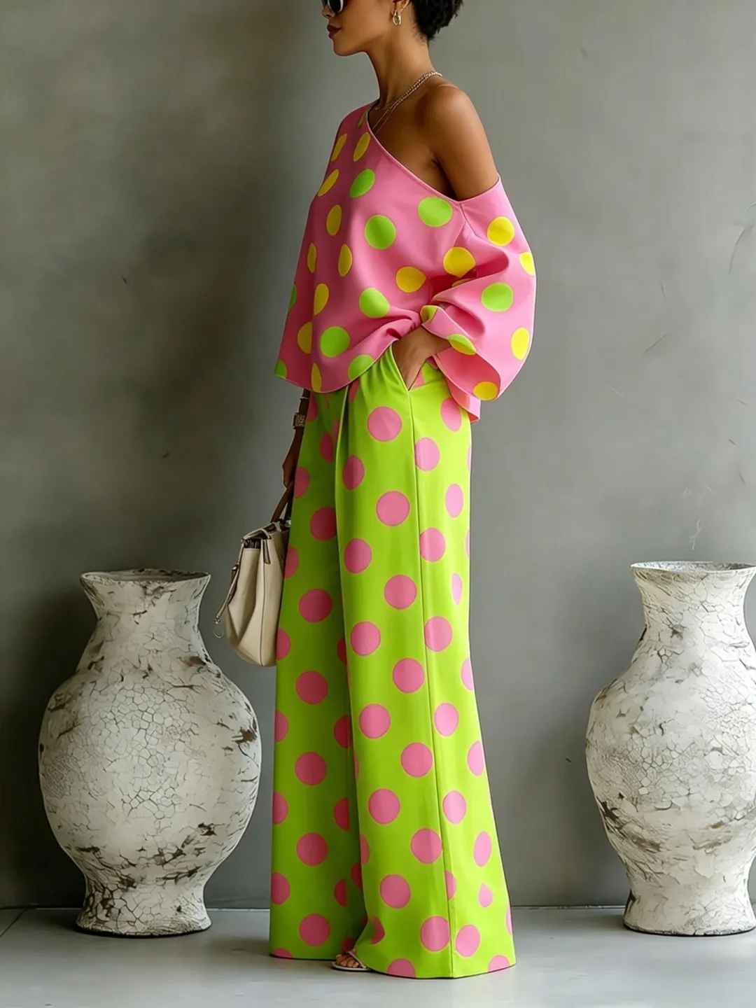 Rosa | Sæt med top og bukser med vide ben med prikket print med off-shoulder