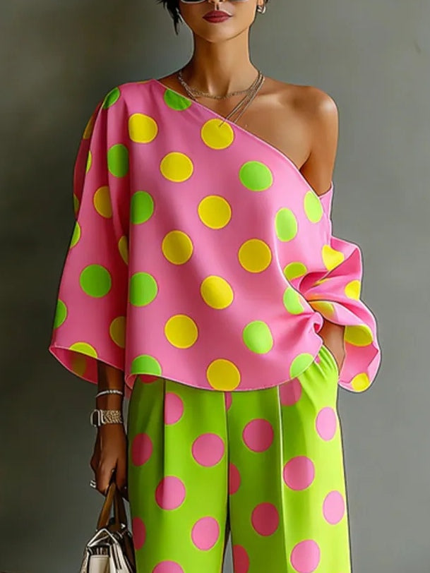 Rosa | Sæt med top og bukser med vide ben med prikket print med off-shoulder