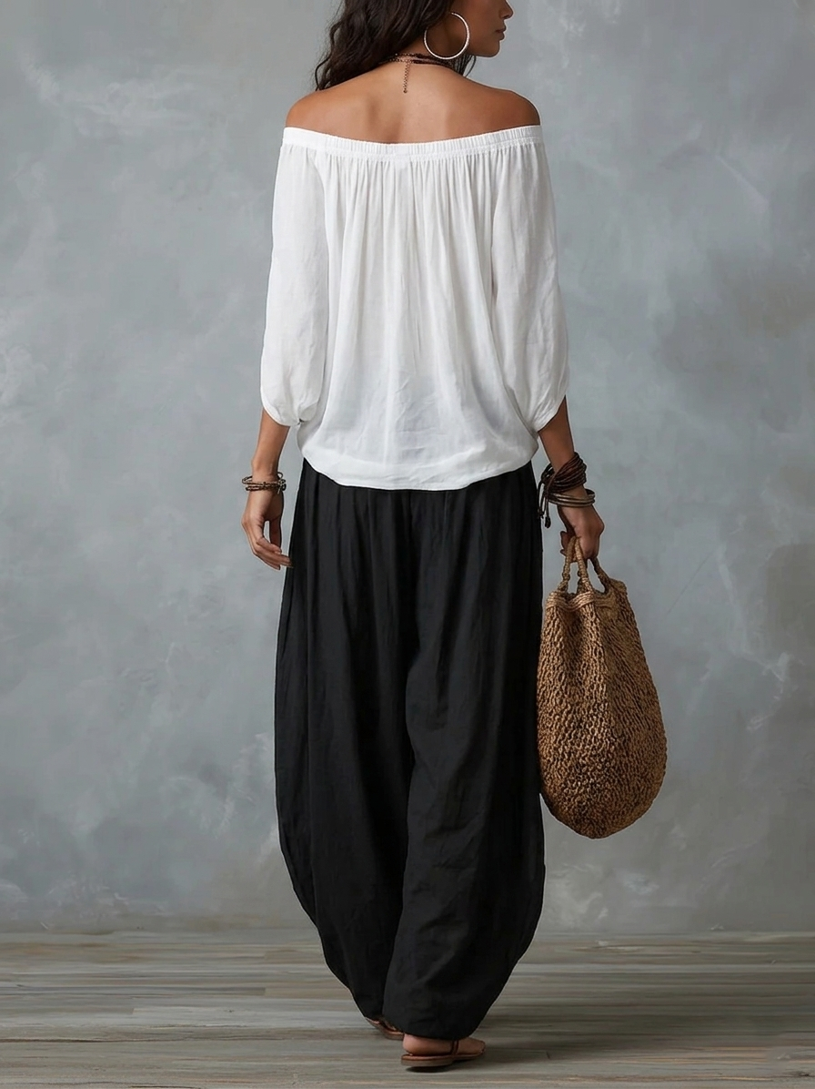 Ingrid | Hvid sæt med top og ballonbukser med off-shoulder