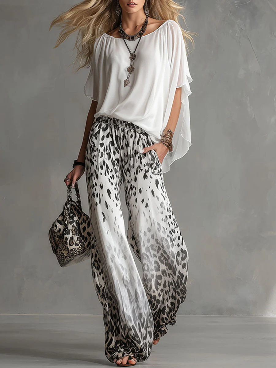 Clara | Hvid sæt med skjorte og bukser med leopardprint med chiffon