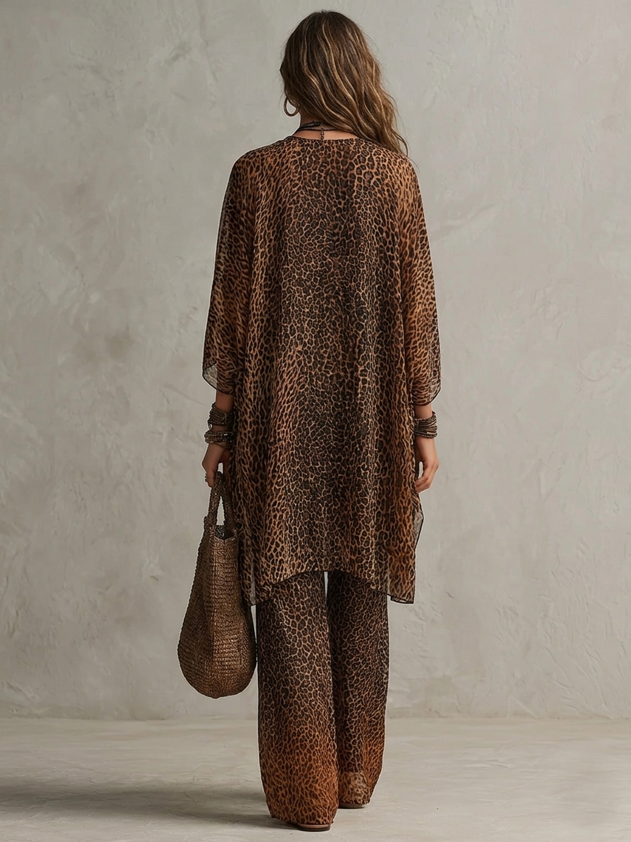 Viola | Tredelt sæt med kimono med leopardprint med boheme