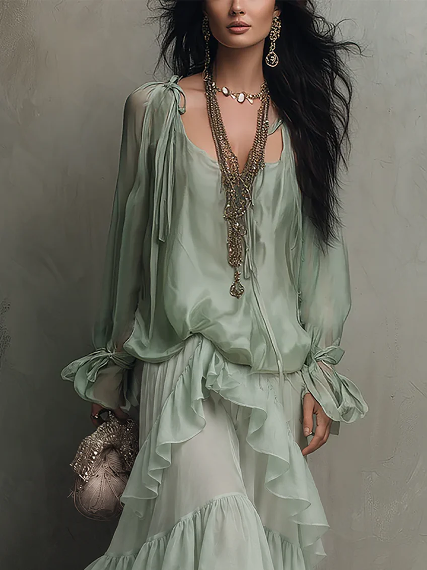 Klara | Mintgrøn-grøn sæt med top og nederdel med flæsedetaljer med chiffon