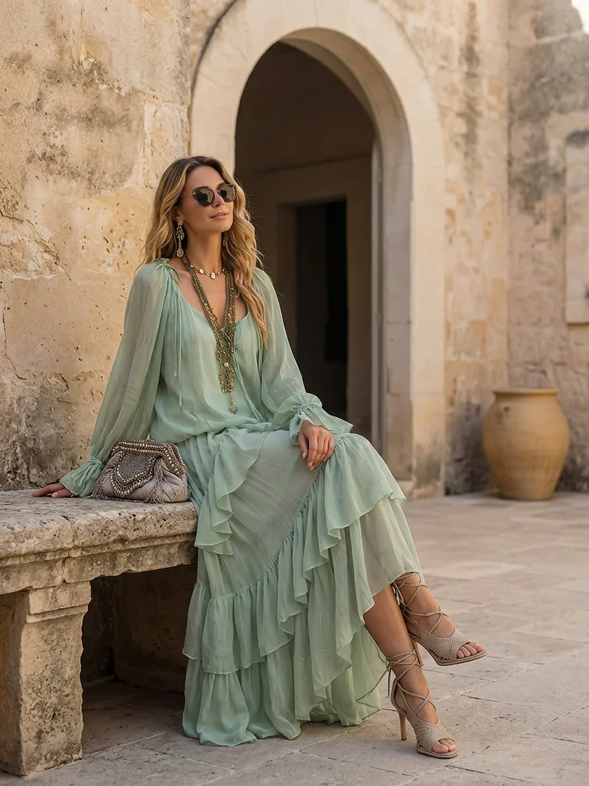 Klara | Mintgrøn-grøn sæt med top og nederdel med flæsedetaljer med chiffon