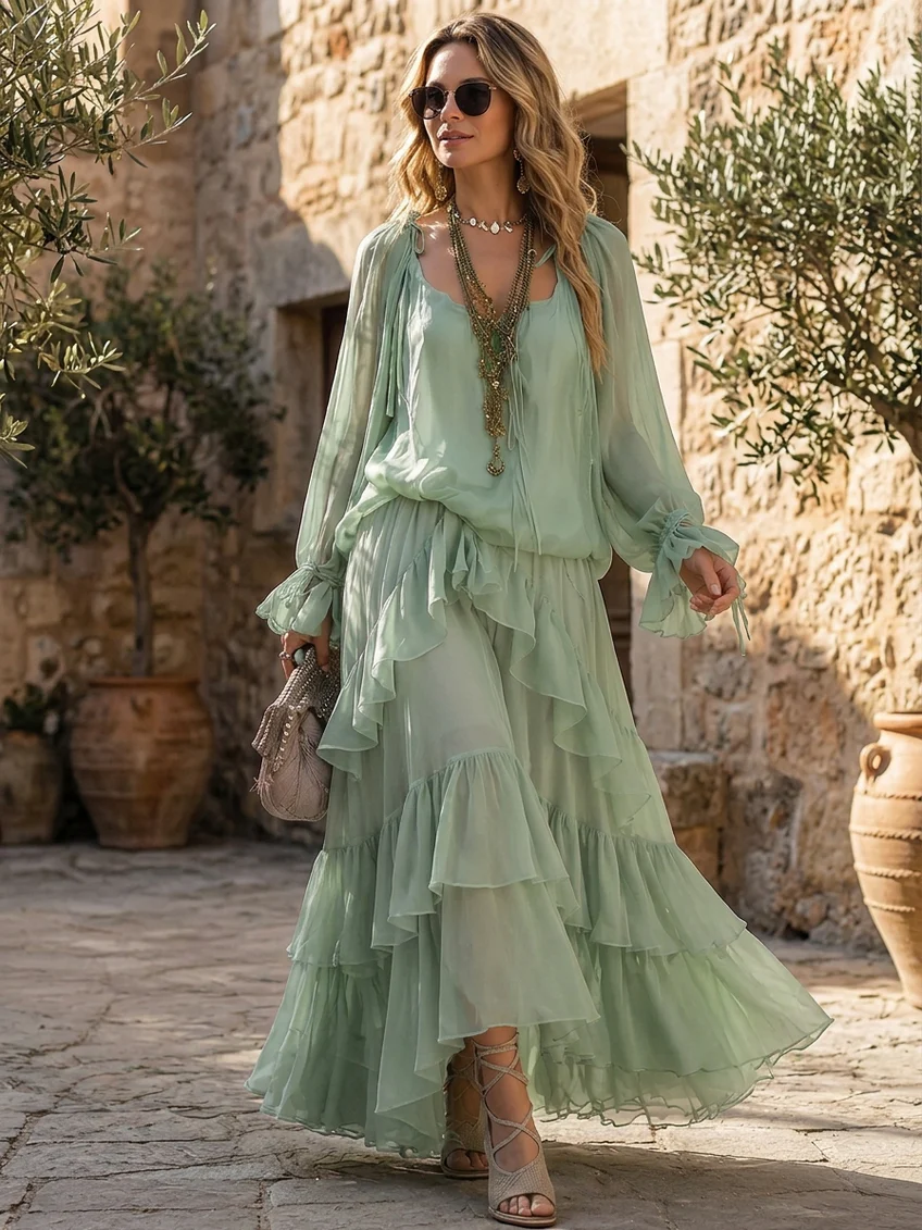 Klara | Mintgrøn-grøn sæt med top og nederdel med flæsedetaljer med chiffon