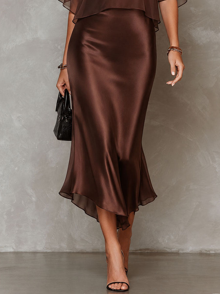 Agnes | Brun midi-kjole med chiffon med satin