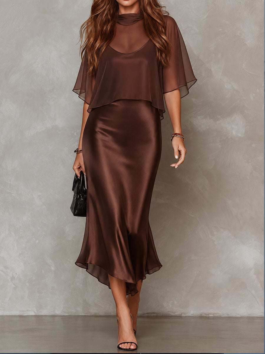 Agnes | Brun midi-kjole med chiffon med satin