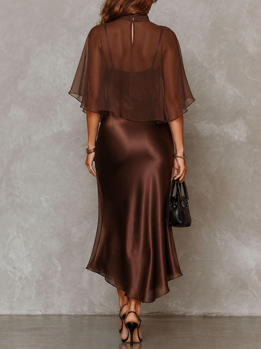 Agnes | Brun midi-kjole med chiffon med satin