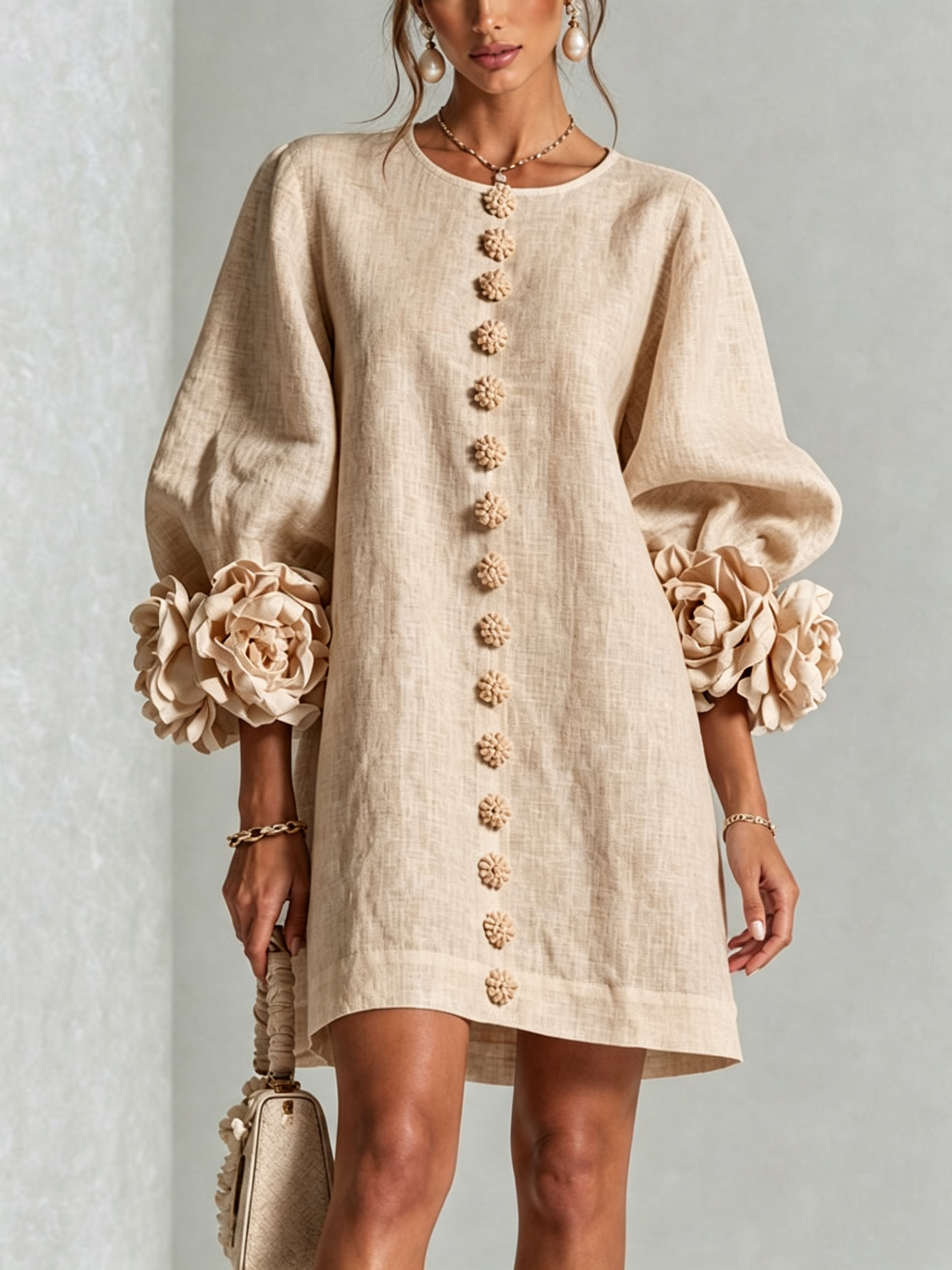 Ingrid | Beige mini-kjole med blomsterknapper og markante blomstermanchetter