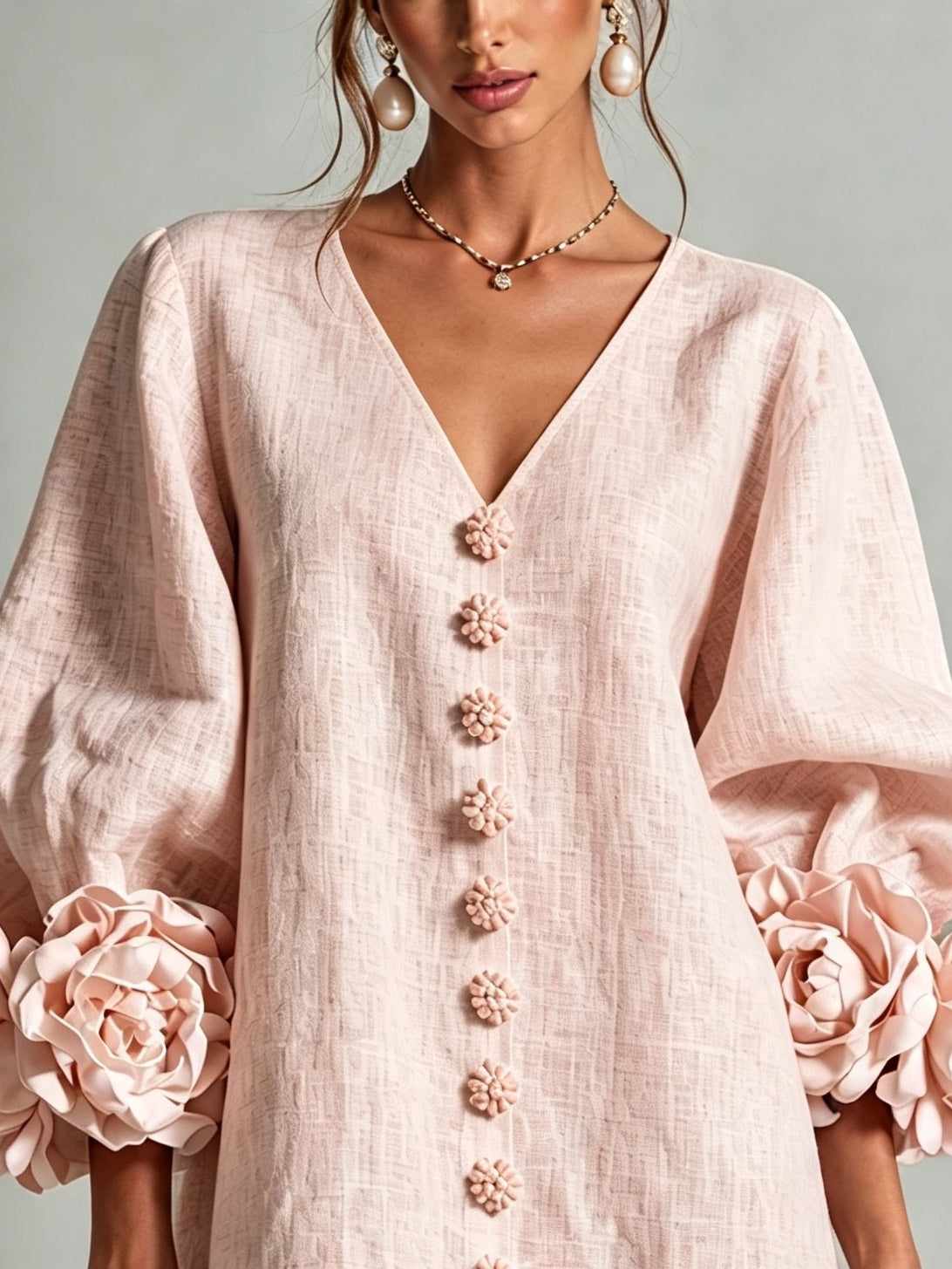 Ella | Rosa V-hals mini-kjole med blomsterknapper og blomstermanchetter