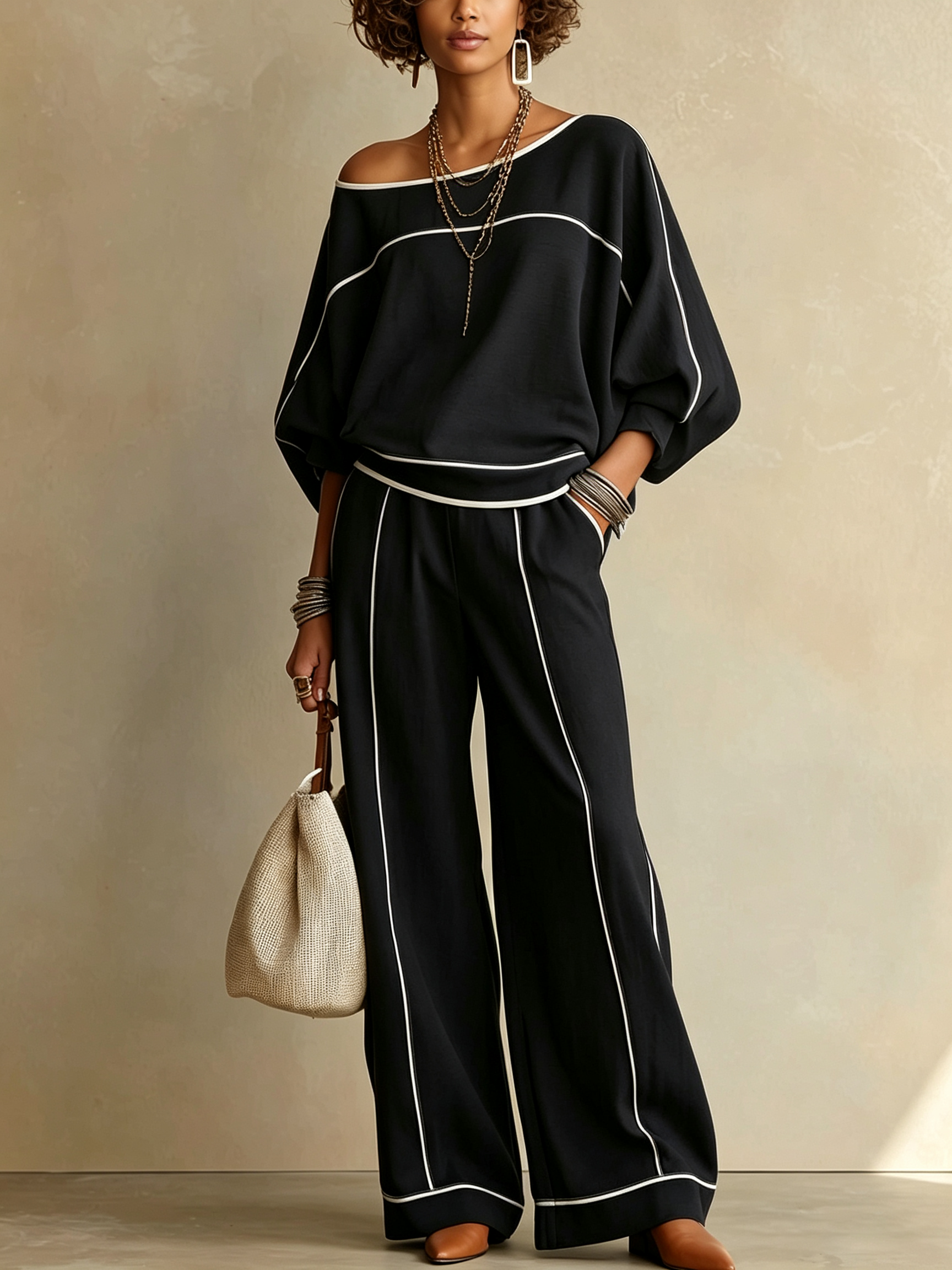 Rikke | Sort-hvid sæt med top og bukser med vide ben med off-shoulder