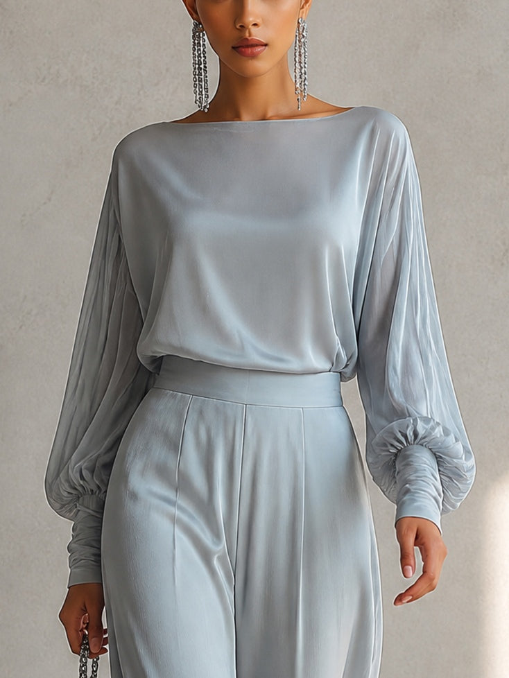 Liv | Blå sæt med top og bukser med vide ben med satin med off-shoulder med ballonærmer