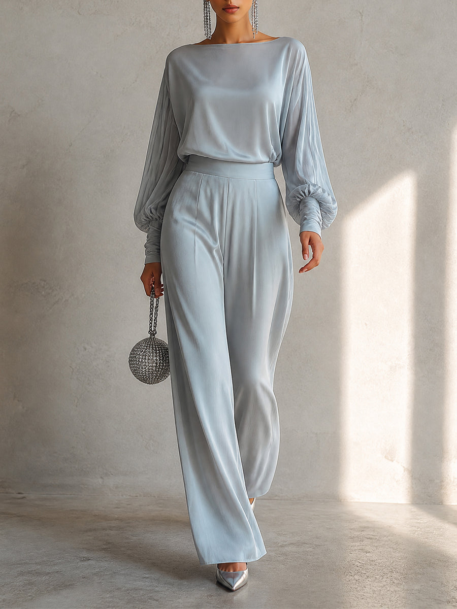 Liv | Blå sæt med top og bukser med vide ben med satin med off-shoulder med ballonærmer