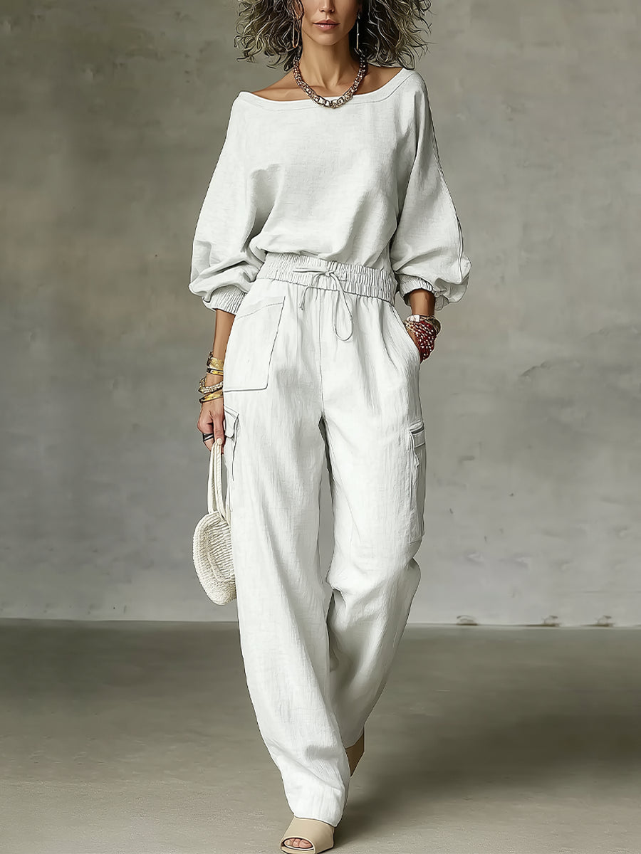 Nora | Hvid sæt med top og bukser med vide ben med off-shoulder