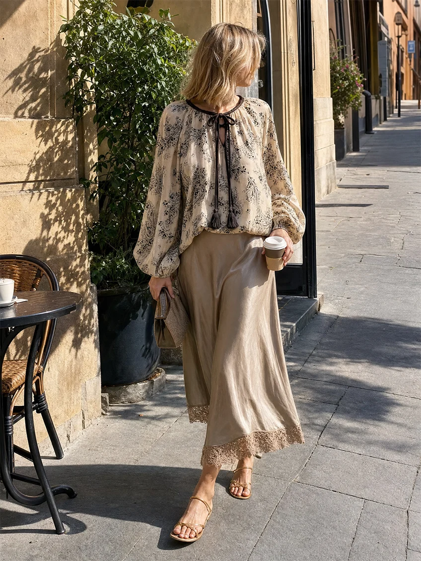 Saga | Beige sæt med top og nederdel med blomsterprint med paisleyprint med blondedetaljer med ballonærmer