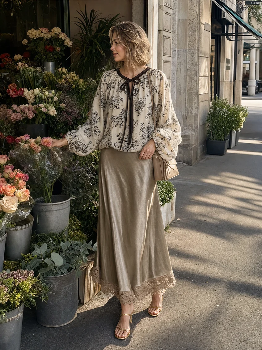 Saga | Beige sæt med top og nederdel med blomsterprint med paisleyprint med blondedetaljer med ballonærmer