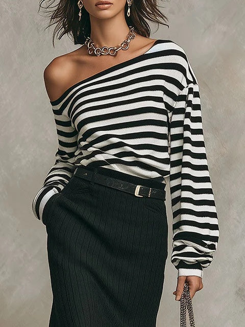 Mille | Sort-hvid sæt med top og nederdel med stribet print med off-shoulder