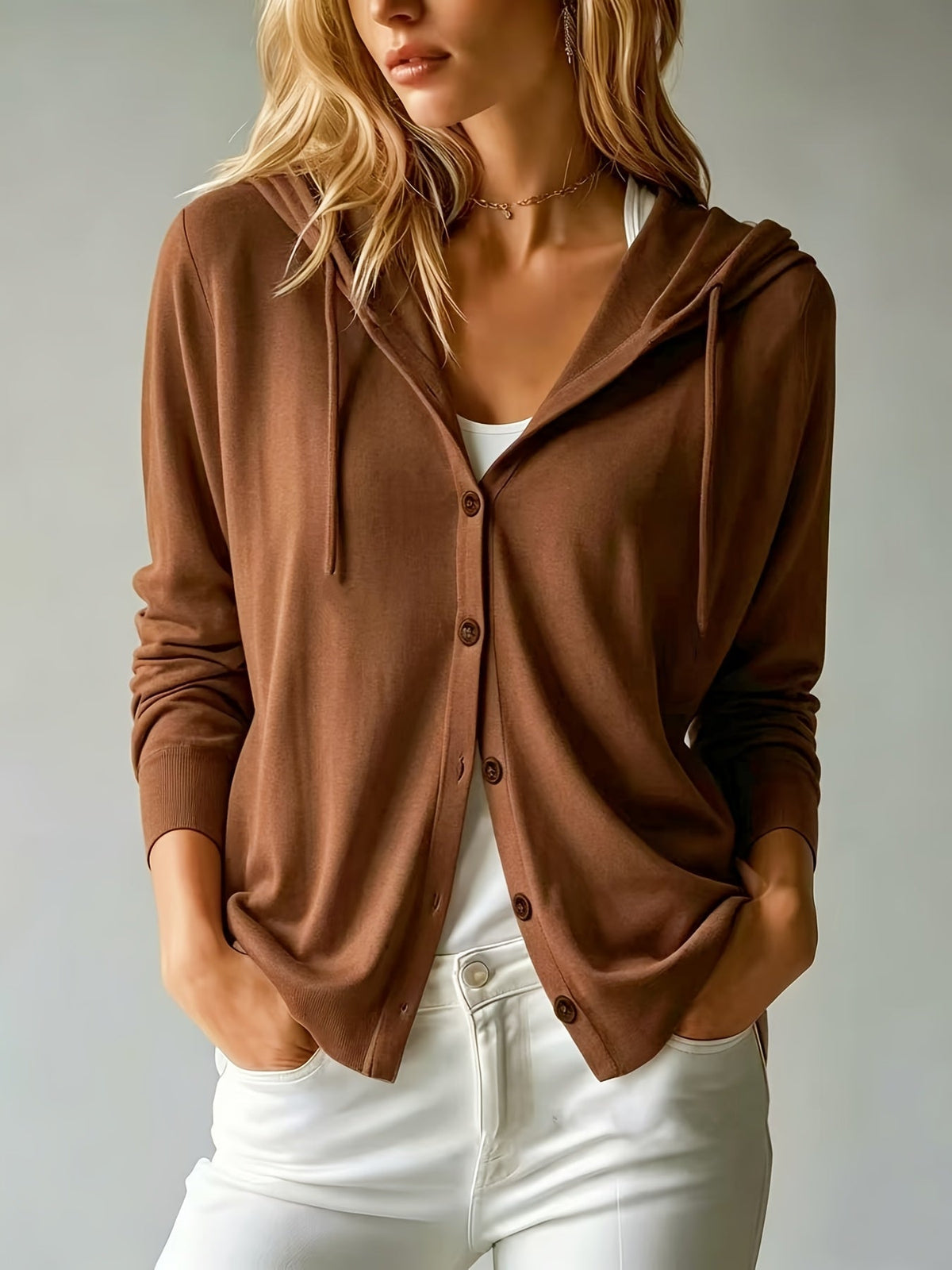 Sofie | Cappuccino cardigan med hætte og knapper