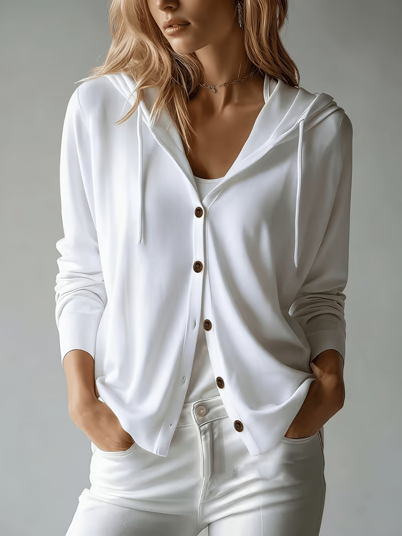 Astrid | Hvid cardigan med hætte og knapper