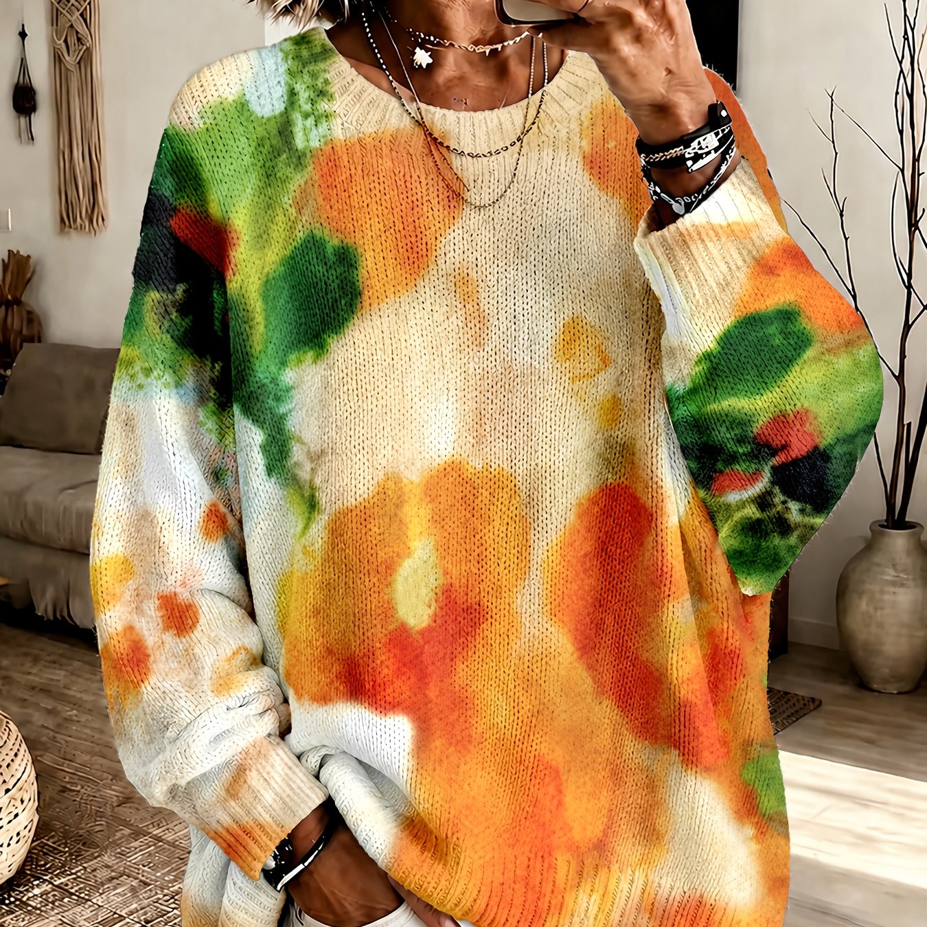 Amberlei | Orange striktrøje med batikprint og blomstermønster