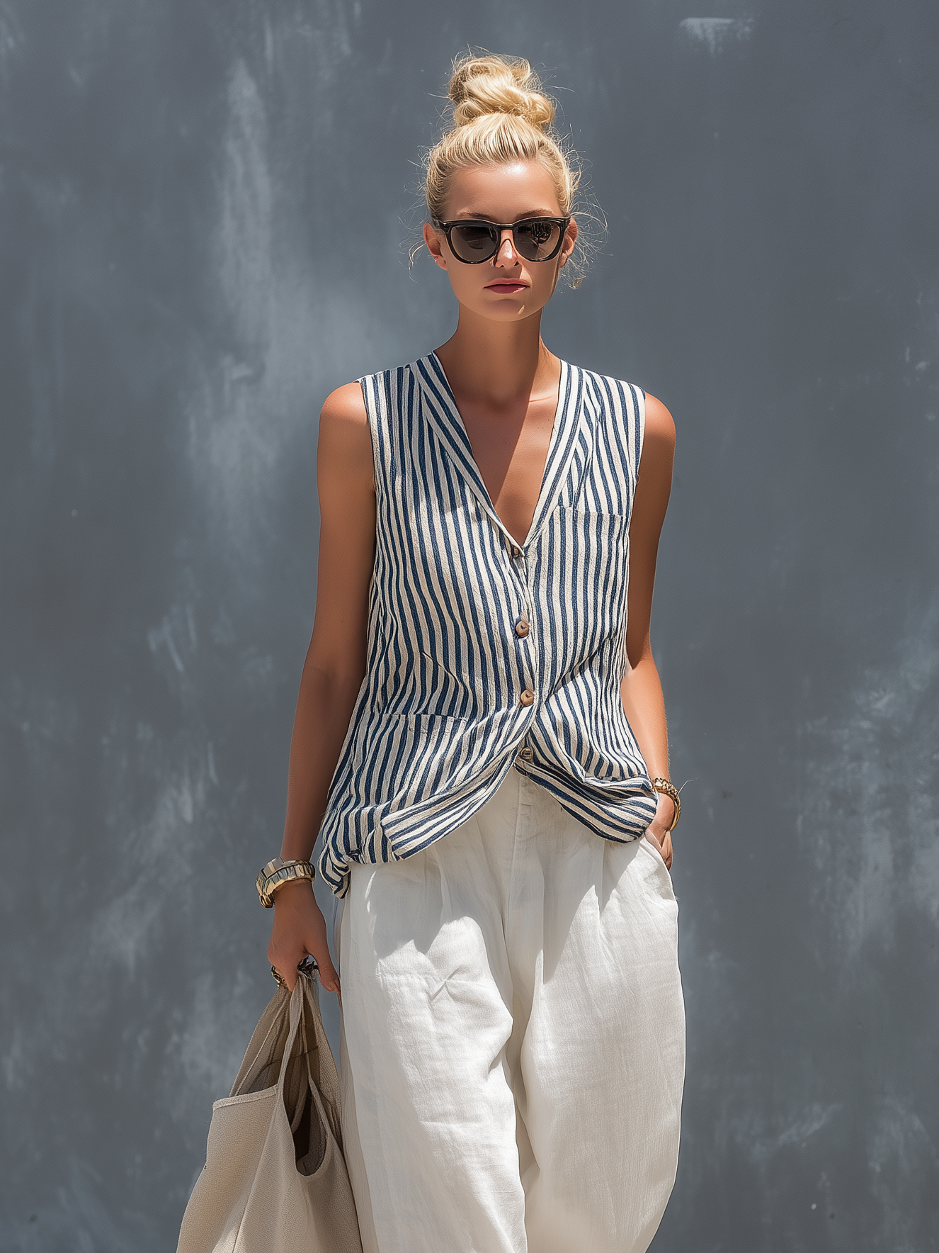 Nellie | Stribet linnedlook vest- og buksesæt