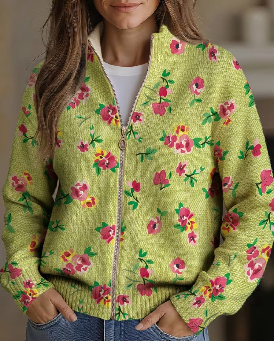 Margot | Limegrøn lynlås-cardigan med blomster