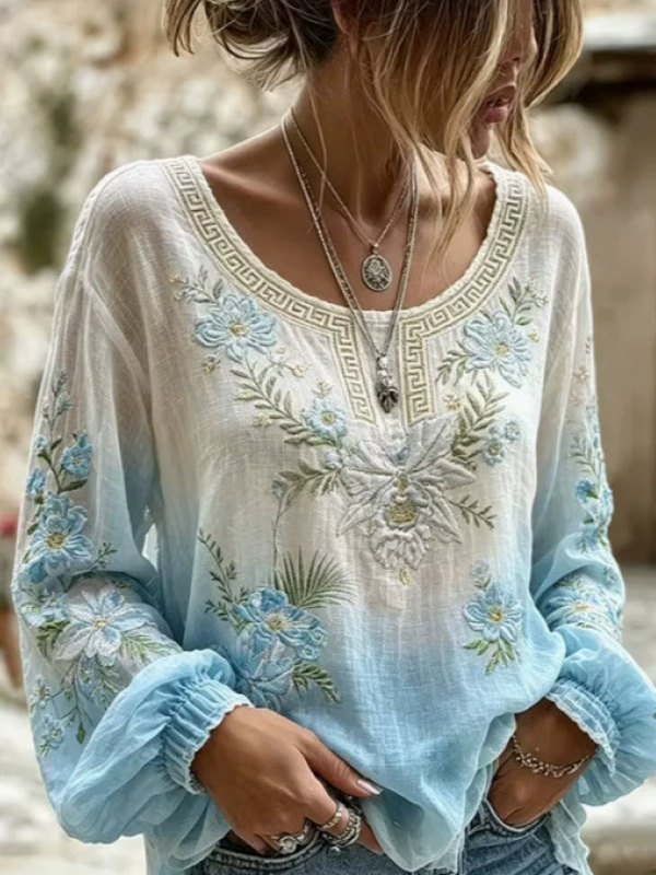 Celeste | Ombrebluse med blomsterbroderi