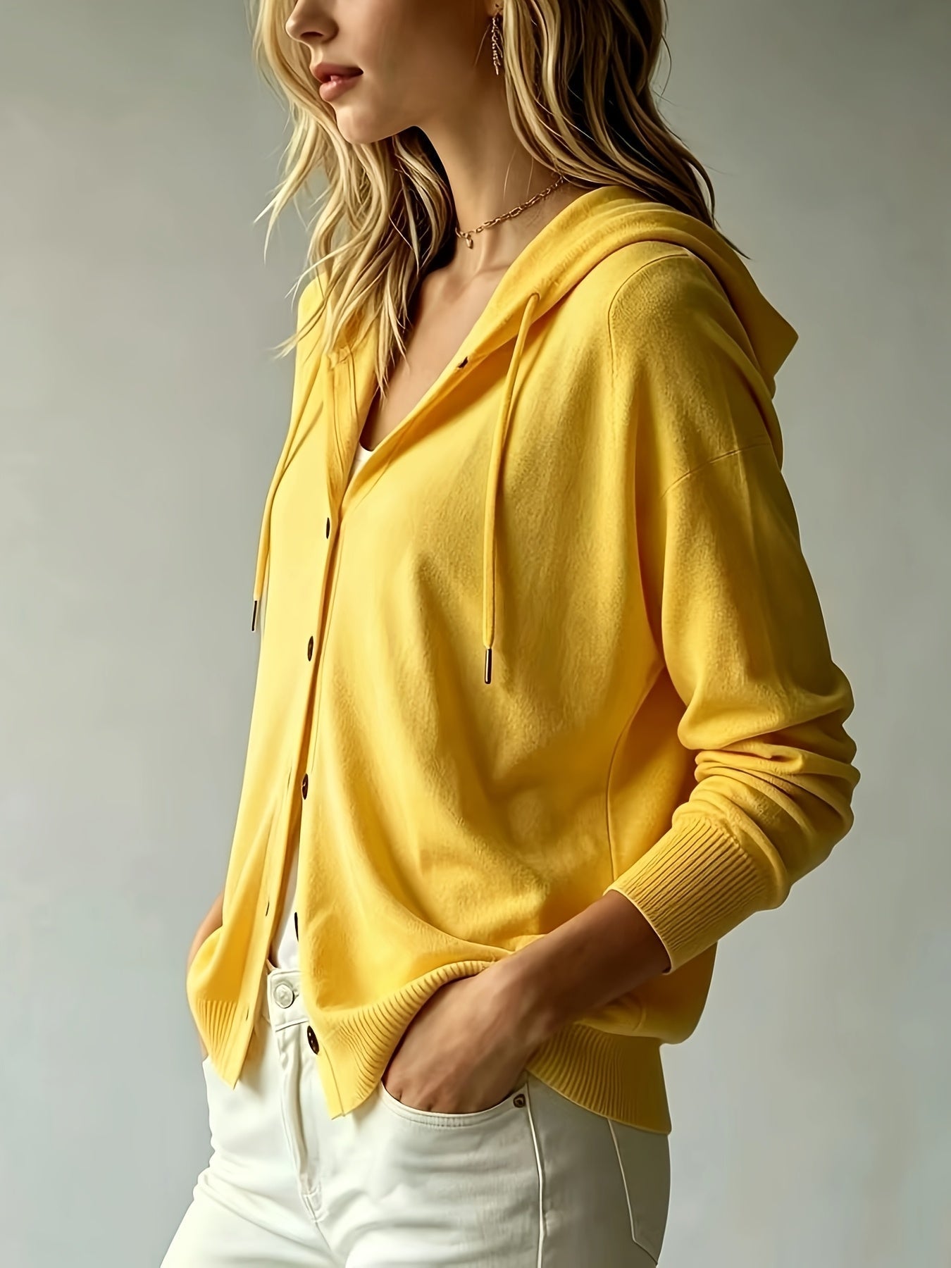 Ingrid | Sennepsgul cardigan med hætte og knapper