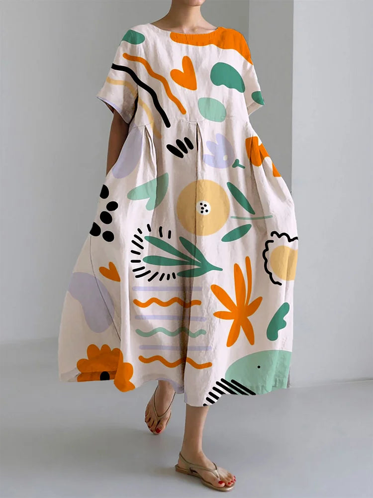 MILENA | Lang Farverig Kjole med Let Komfort og Kunstnerisk Print til Unik Sommerstil