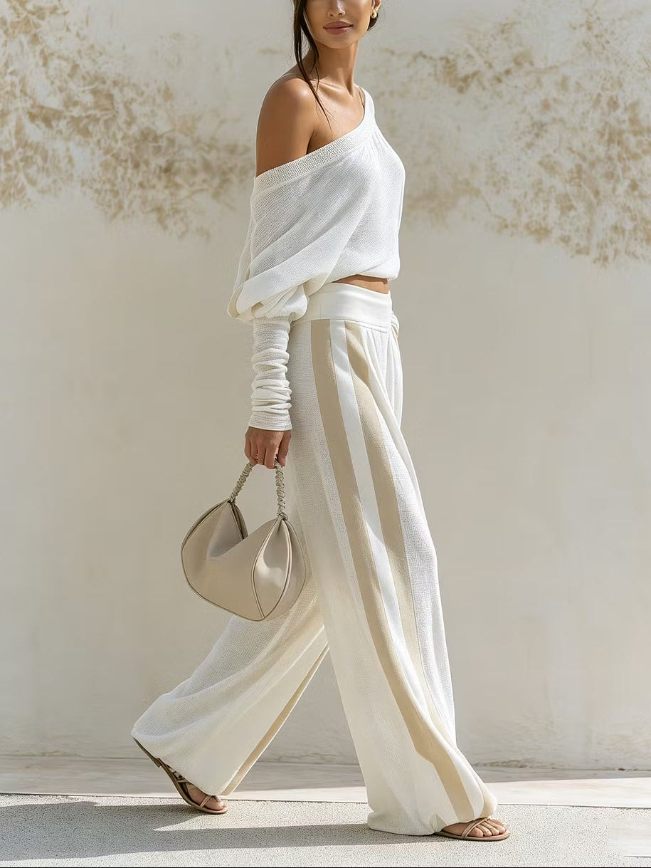 Ingrid | Sæt med top og bukser med stribet print med off-shoulder