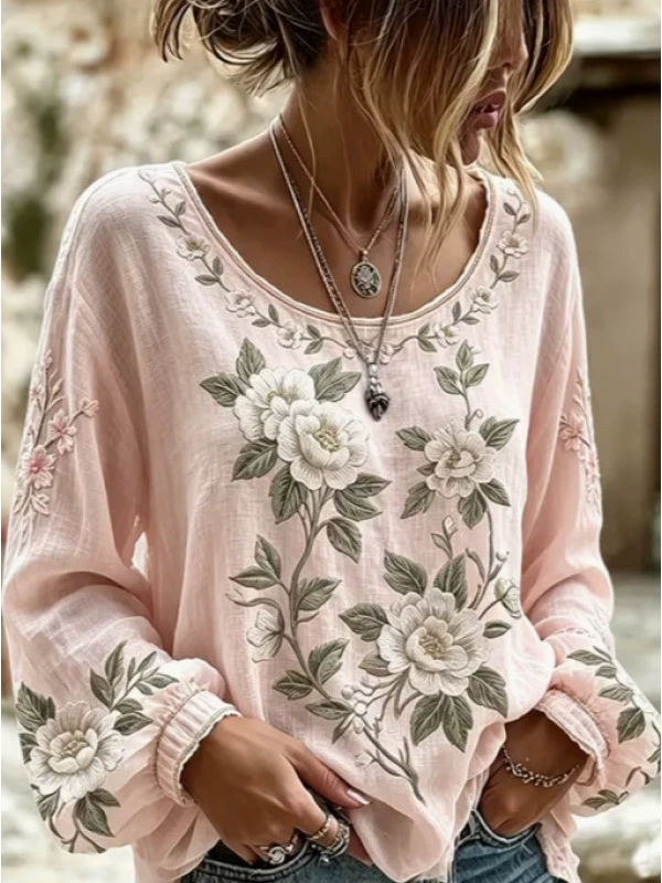 Amalie | Rosa bluse med hvide roser