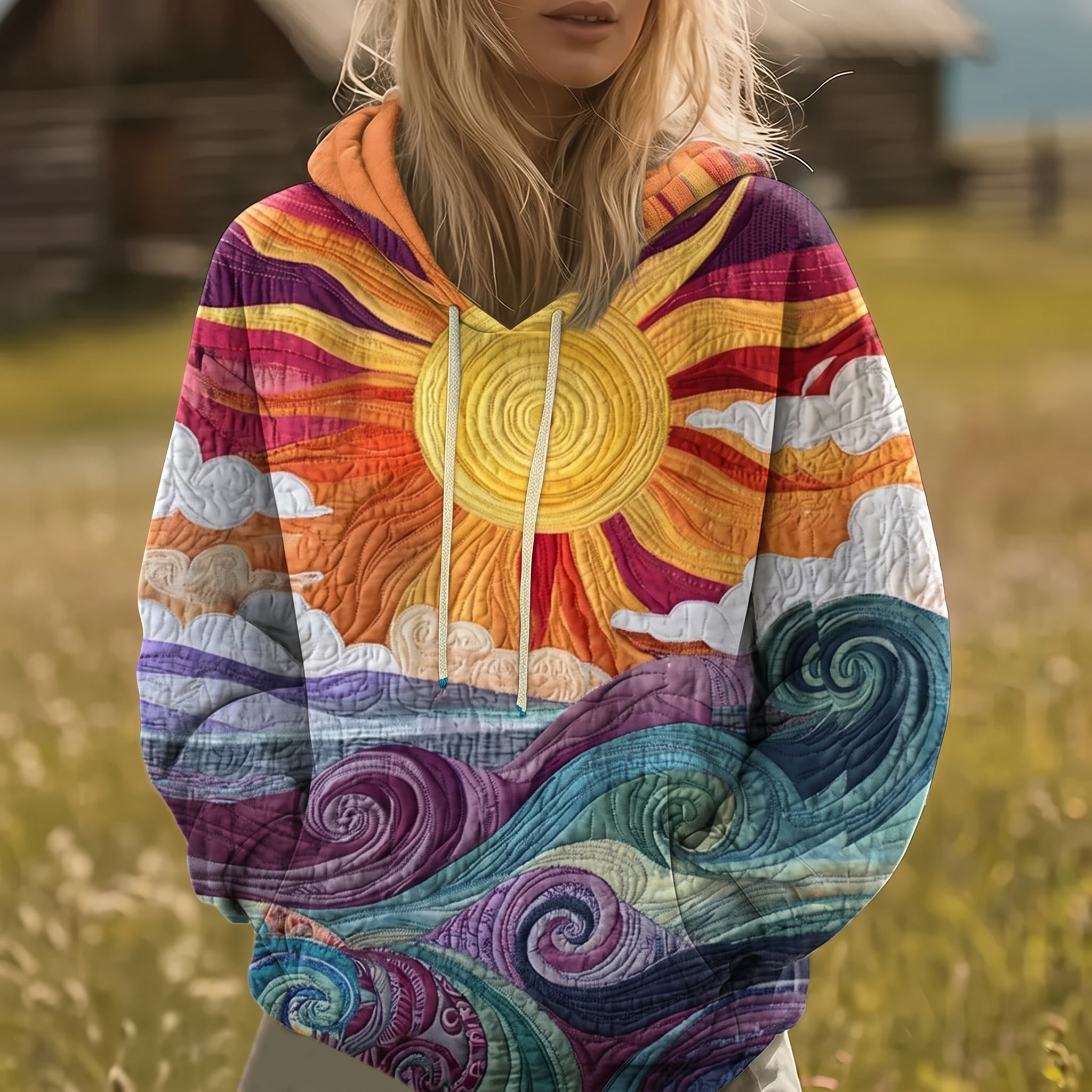 Auralei | Retroinspireret hættetrøje med solstråleprint