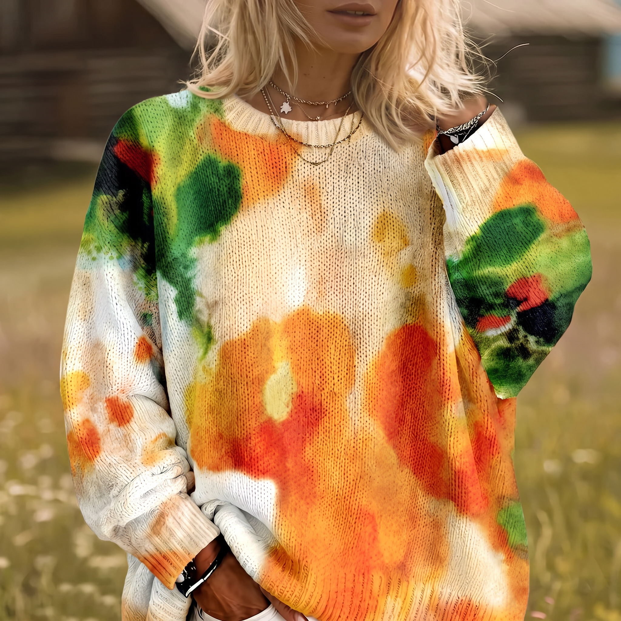 Amberlei | Orange striktrøje med batikprint og blomstermønster