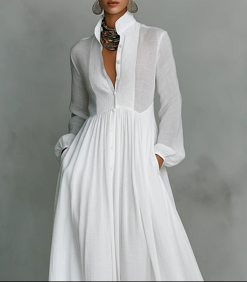 Celine | Hvid faldende maxikjole med knaplukning