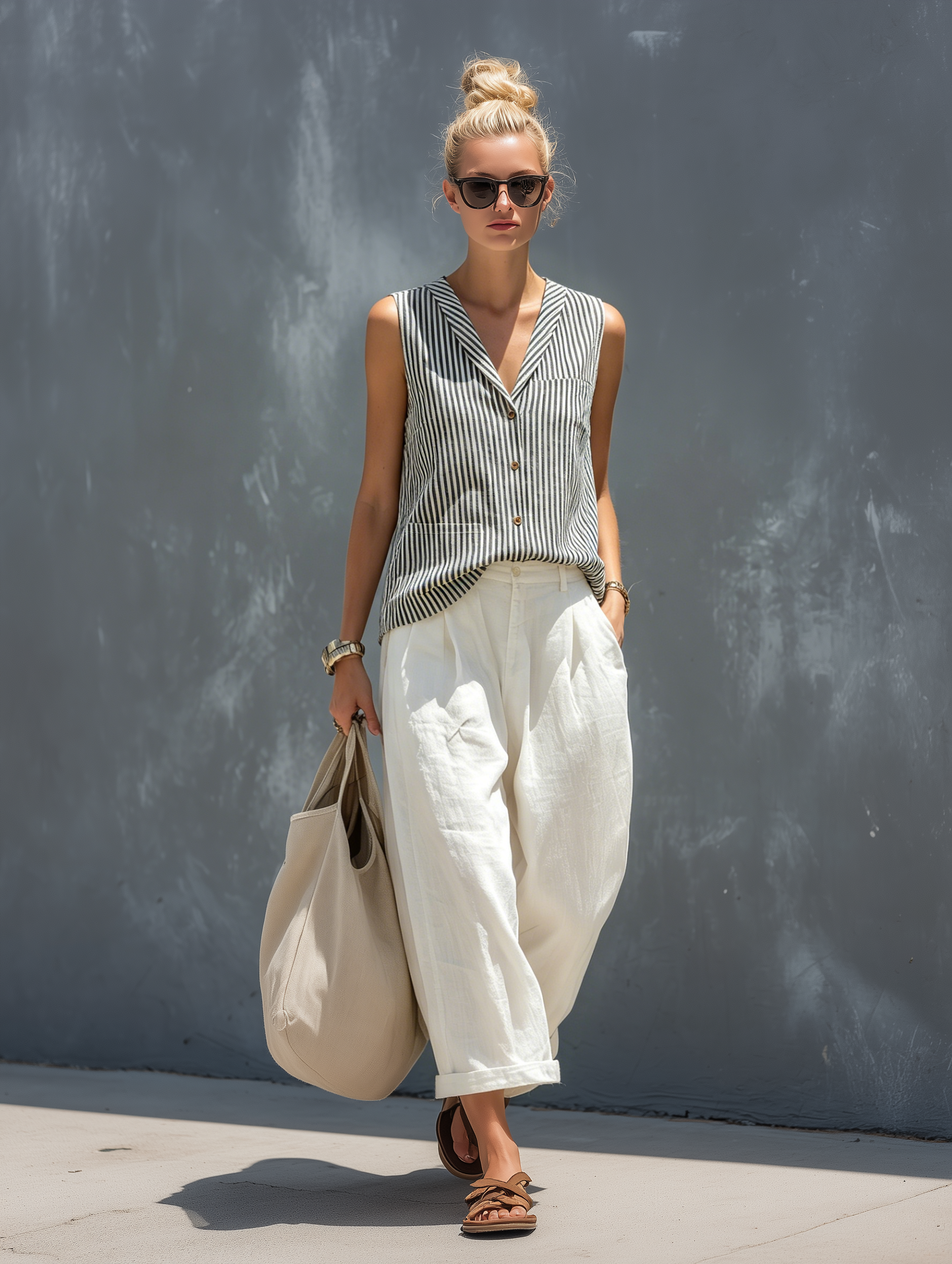 Nellie | Stribet linnedlook vest- og buksesæt
