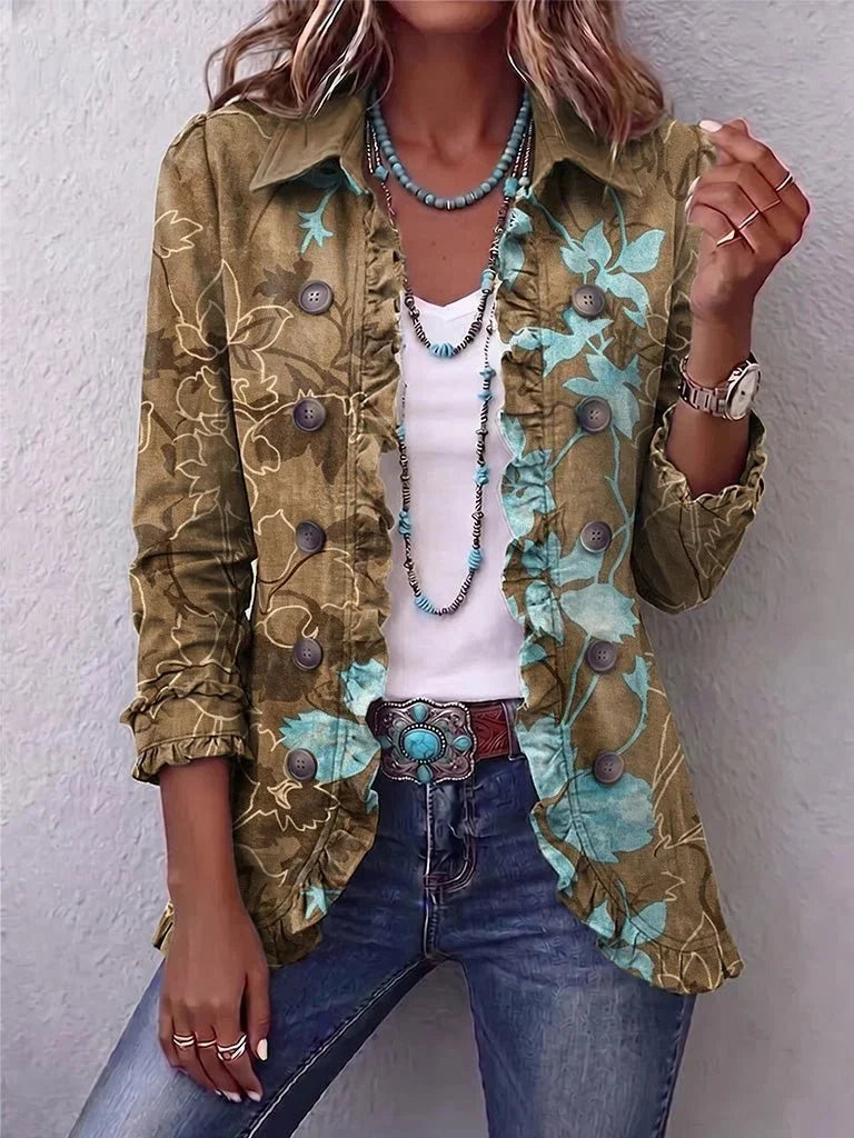 Sundara | Boho-vintage flæsejakke med floralt farveforløb