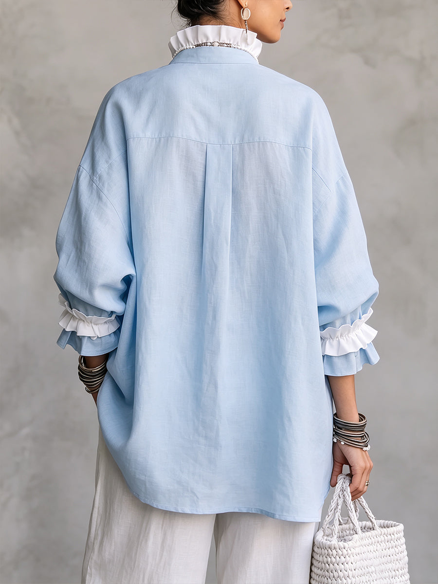 Signe | Bluse med flæsekrave og kontrastdetaljer