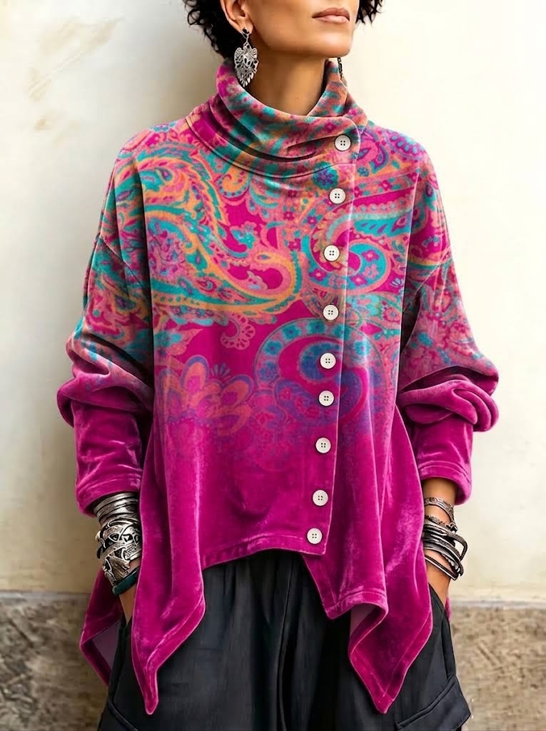 Frida | Lang velourbluse med paisleymønster