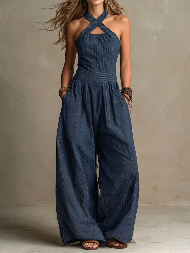 Signe | Jumpsuit med krydset hals og brede ben