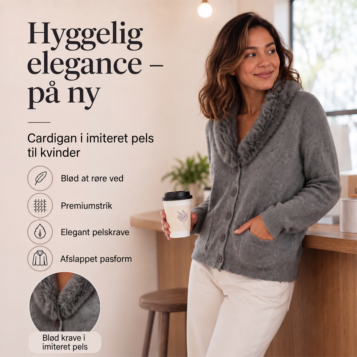 Dansk produktinformation om strikket cardigan med pelskrave