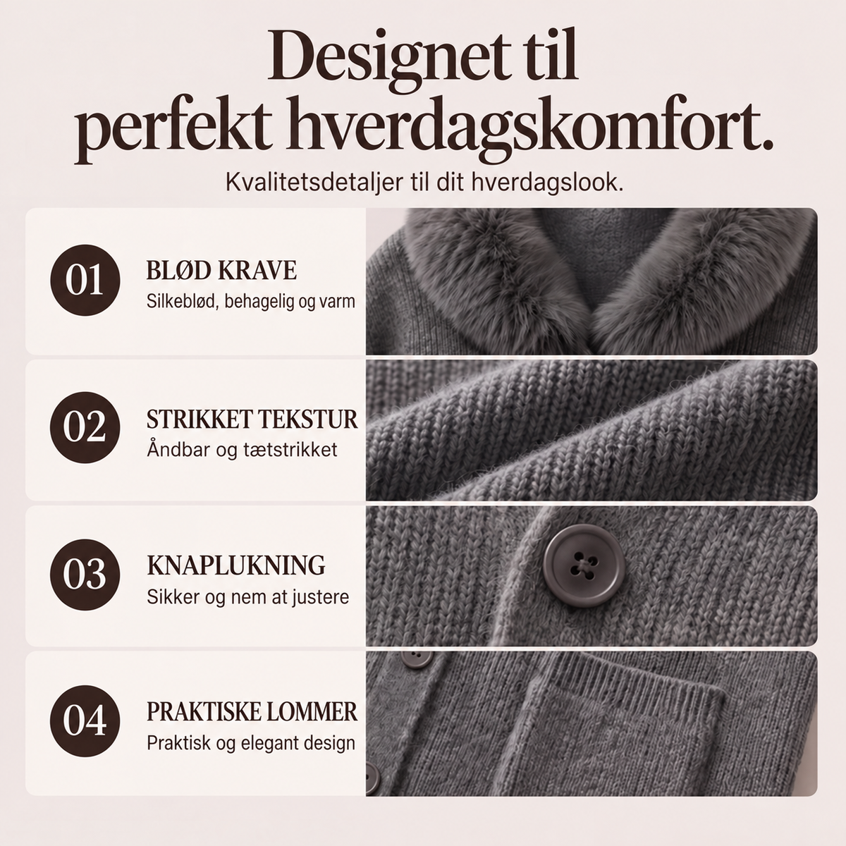 Dansk produktinformation om strikket cardigan med pelskrave