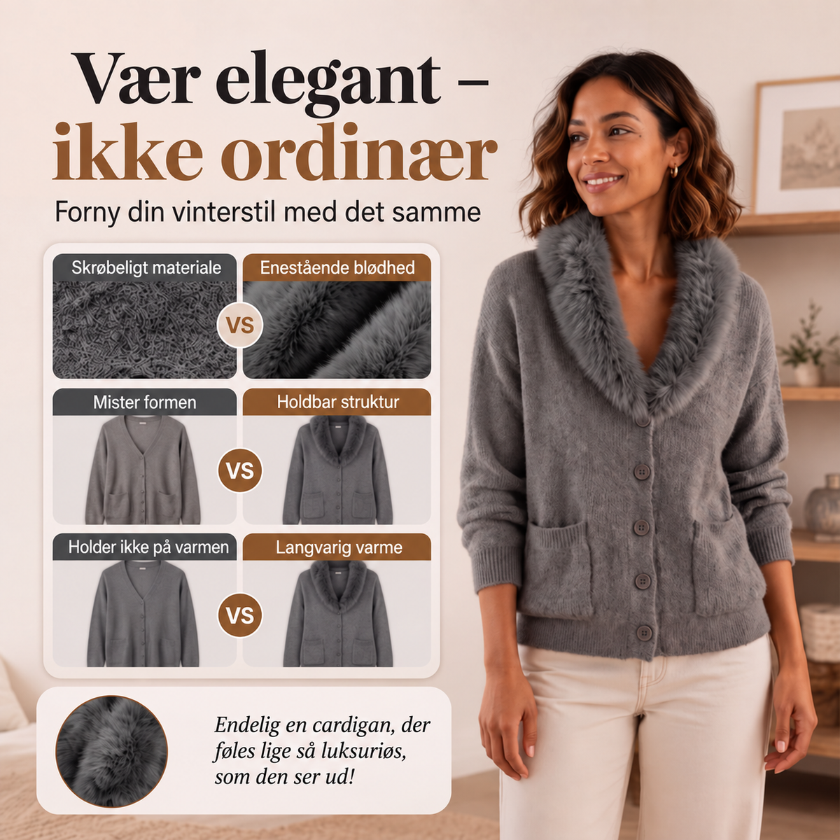 Dansk produktinformation om strikket cardigan med pelskrave