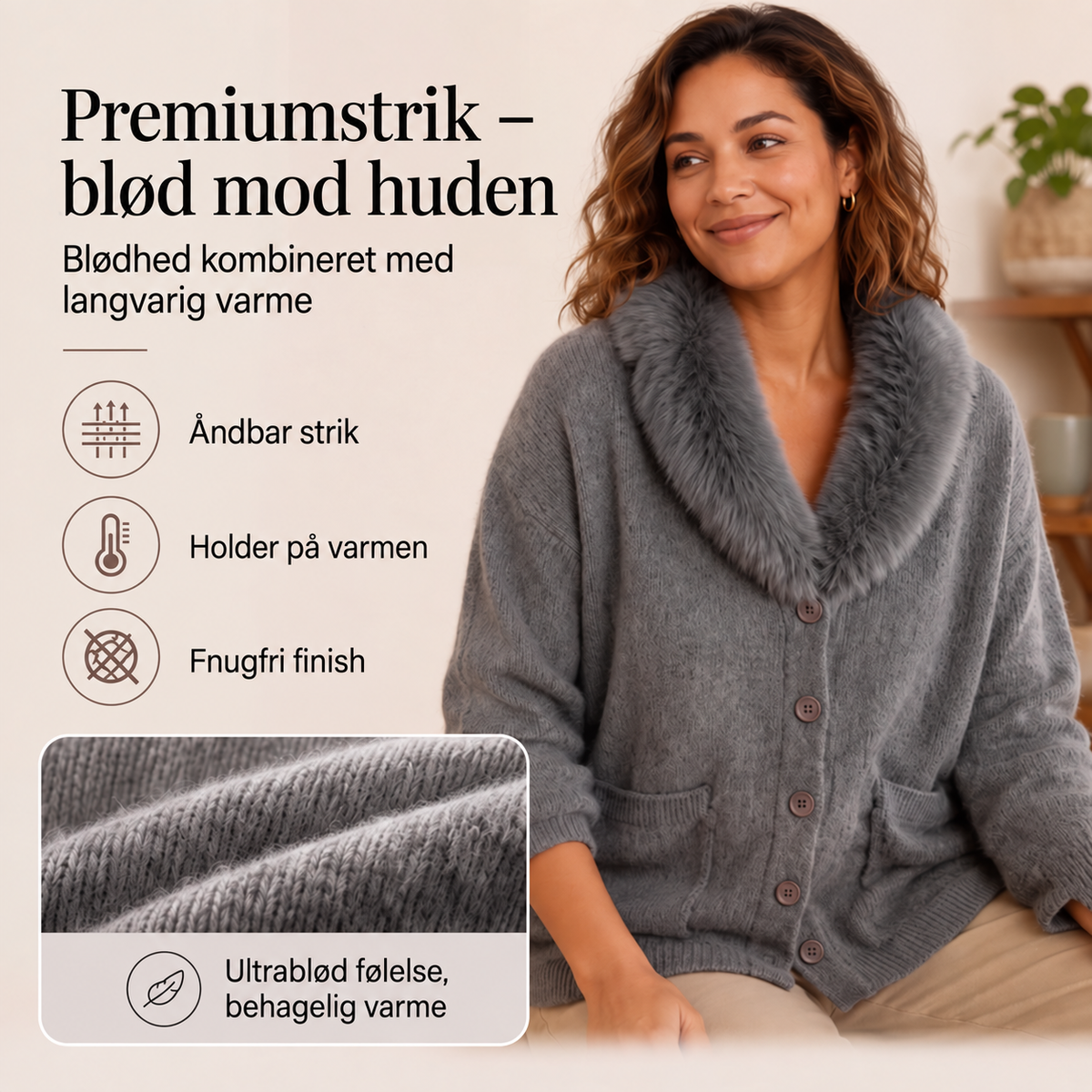 Dansk produktinformation om strikket cardigan med pelskrave