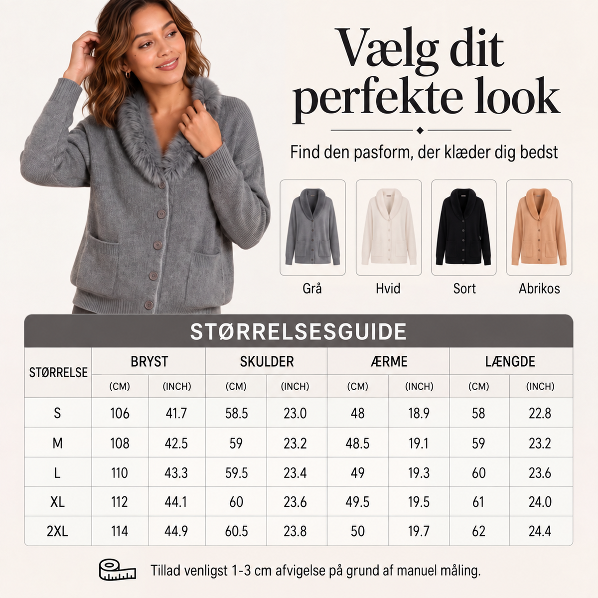 Dansk produktinformation om strikket cardigan med pelskrave