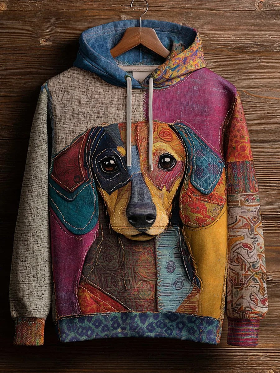 Helena | Hættetrøje med hund med print, patchwork og vintage-look