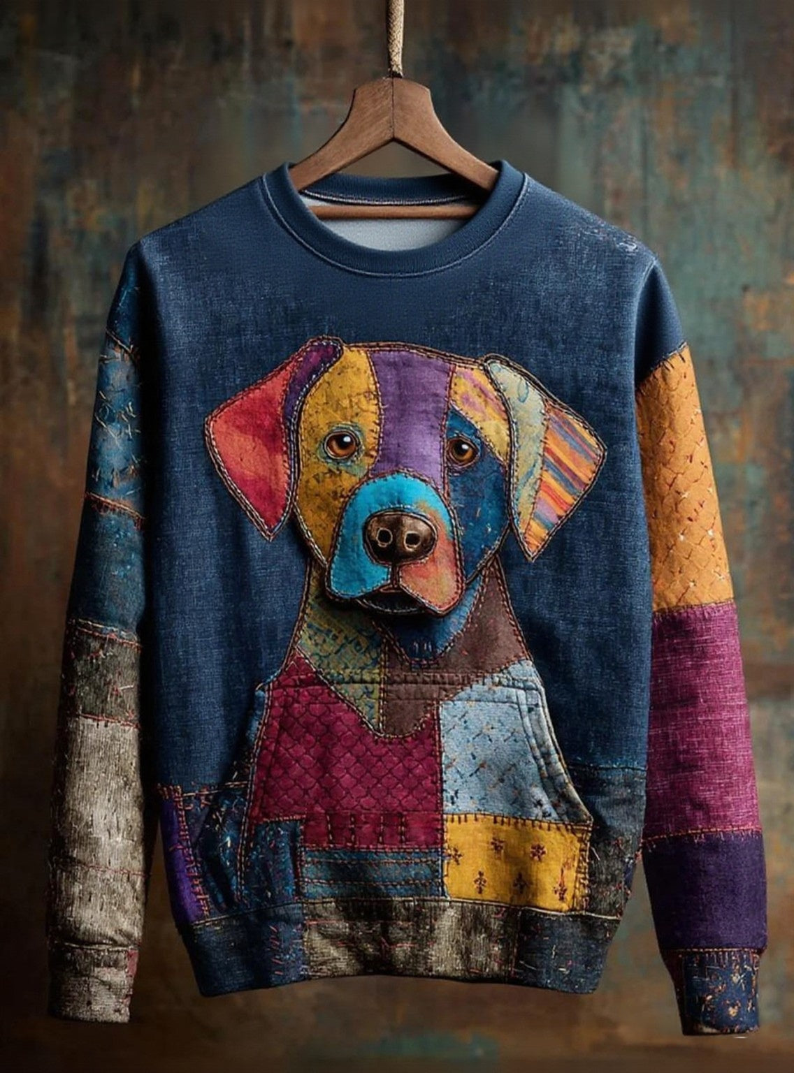 Beate | Sweatshirt med hund med kunstprint, patchwork og vintage-look